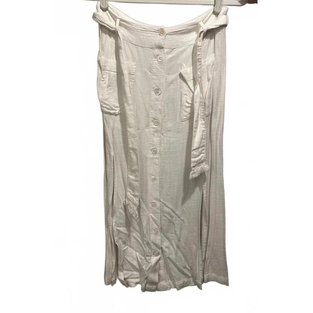White Button-Front Midi Skirt with Side Slits and Waist Tie